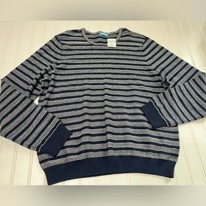 J.McLaughlin Cryus Sweater Mens Large Blue Knit Striped Crewneck Cotton NEW. 827